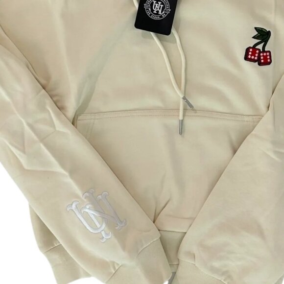 Urban Necessities UN Hoodie Women’s L Cream Dice Cherries Slightly Cropped NWT - Picture 2 of 5